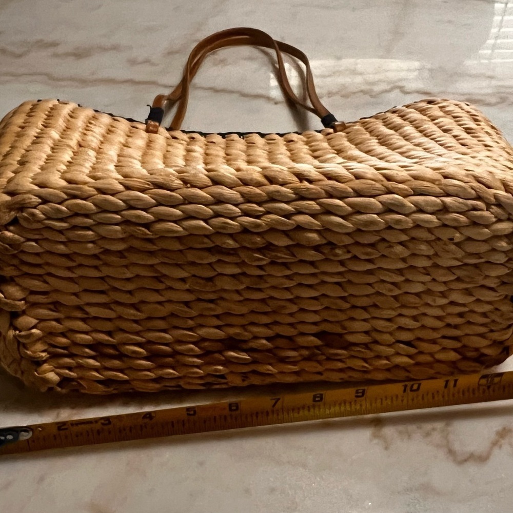 Breckenridge Straw Tote Bag Purse Blonde Wicker Rattan Picnic Blue Check Teacup - Picture 6 of 6